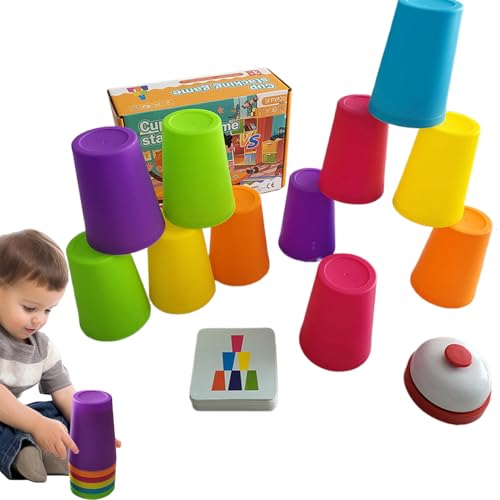 Sport Stapelbecher, Tassenstapelset Kids, Quick Stacks Cups Kinder und Erwachsene, Mit 12 Speed ​​Cups,50 Karten & 1 Klingel Anrufen, Lustige Interaktive Stapelbare Nistbecher für Challenge-Wettbewerb von Generisch