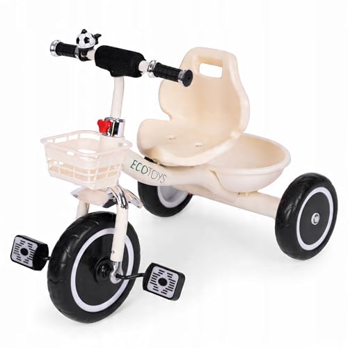 Stabiler Dreirad-Kinderfahrspaß mit Eva-Rädern, Antirutschgriffen, Doppelkörben & lustiger Klingel – sicheres Fahrvergnügen für Kleinkinder ab 12 Monaten drinnen & draußen (Beige) von Generisch