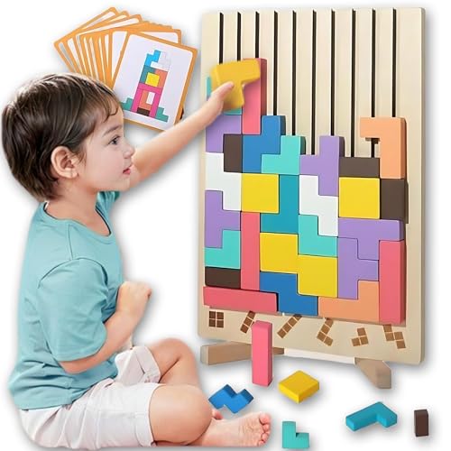 Stapelpuzzle aus Holz, Montessori-Lernspiel mit 10 Karten, Holzklötze Puzzle Gehirnjogging Spielzeug, Feinmotorik & Gleichgewichtstraining für Kleinkinder (A) von Generisch