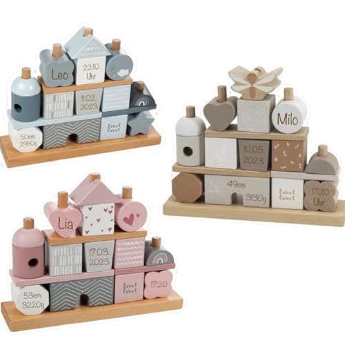 Steckspiel Haus rosa Personalisierbares Geschenk zur Geburt Mädchen Handmade Holzspielzeug Personalisierte Baby Label Stapelturm mit Name & Geburtsdaten Einzigartigliebe (Blau) von Generisch