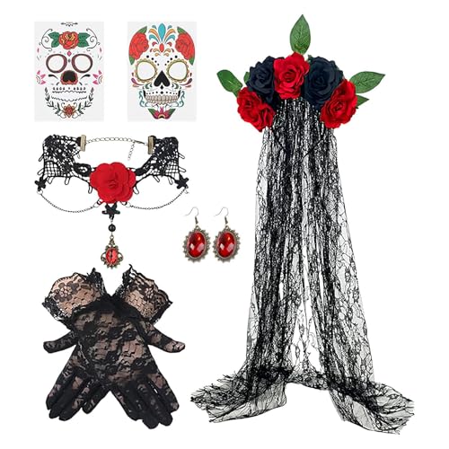 Tag Der Kostüm Set | kostüm Halskette Kopfschmuck Set - Spitzenhandschuhe Schleier Ohrringe Halskette Kostümzubehör Für Damen Erwachsene Cosplay Party Halloween Tag Der Kostüm Set | kostüm Halskette Kopfschmuck Set - Spitzenhandschuhe Schleier Ohrringe Halskette Kostümzubehör Für Damen Erwachsene Cosplay Party Halloween von Generisch