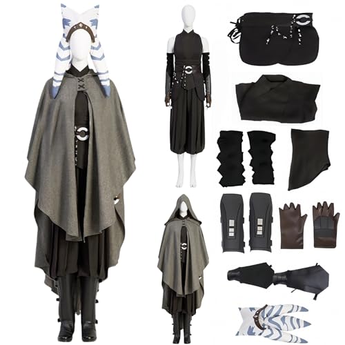 Tano Kostüm, Cosplay-Outfit, Bokatan-Kostüm, Uniform mit Kopfbedeckung und Gürtel, Anakins Lehrlingsanzug für Halloween, Karneval, Party (grauer Umhang + schwarzer Anzug, M) von Generisch