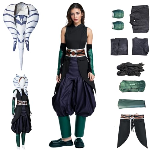 Tano Kostüm Cosplay, Anakins Lehrling Tano Cosplay Outfit Komplettes Set mit Kopfbedeckung, Frauen Verkleidung Erwachsene für Halloween Karneval Party (Schwarz, S) von Generisch
