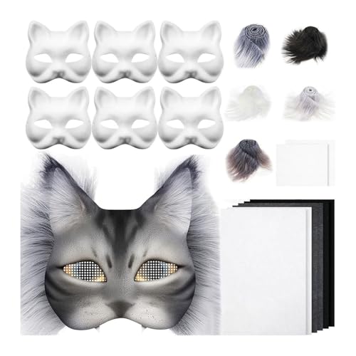 Therian Mask DIY Set, 6 Stück Therian Masken Kit mit Blanko Katzenmaske, Tier Katze Maske DIY Set Katzenmasken zu malen Filz, Maskes Kunsthandwerk Kit, DIY Blank Gesicht Maske Kostüm (Grauen) von Generisch
