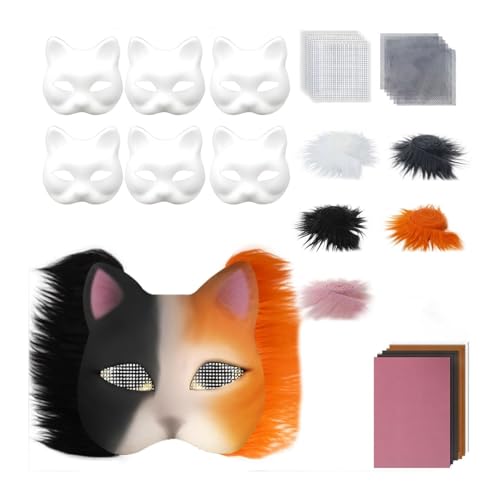 Therian Mask DIY Set, 6 Stück Therian Masken Kit mit Blanko Katzenmaske, Tier Katze Maske DIY Set Katzenmasken zu malen Filz, Maskes Kunsthandwerk Kit, DIY Blank Gesicht Maske Kostüm (Orange) von Generisch