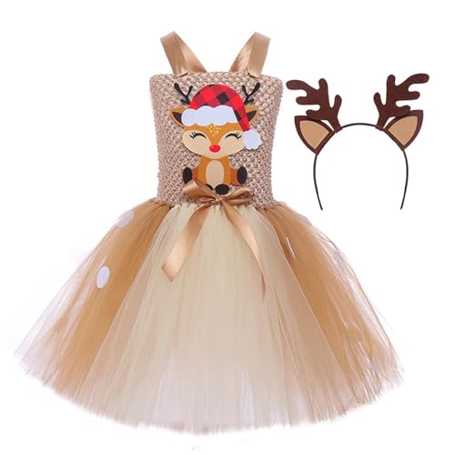 Tierkleid für Kinder, Rentier-Prinzessinnenkleider für Cosplay, Mädchen-Kostüm-Set mit Stirnband für Kinder im Alter von 2-12 Jahren, Weihnachten von Generisch