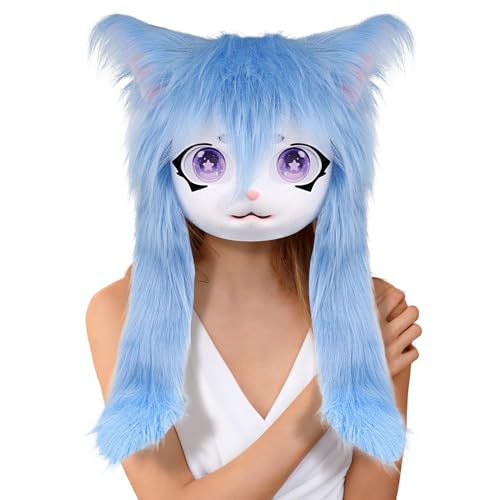 Tierköpfe | Tier-Katzenmaske mit großen Augen, langes Haar, realistisches Plüsch-Kostüm, Zubehör, Kopfbedeckung für Männer und Frauen, Anime-Convention, Maskerade, Theater, Performance, Party, Cosplay von Generisch
