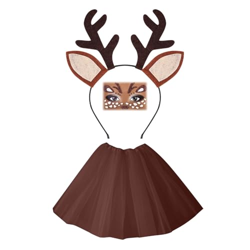 Tierkostüme Für Erwachsene, Rentier Kostüm Erwachsene Damen - Rentier Haarreif und Tüllrock Temporäre Tattoos Socken Reh Kostüm Tierkostüm für Karneval Kostüm Faschingskostüme Mottoparty Cosplay von Generisch