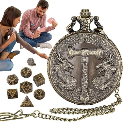 Tiny Dice Set, Pocket Watch Dice Set | Einzigartige polyedrische Drachen -Metall -Würfel mit Vintage Pocket Watch Shell Hülle - Rollenspiele Spielbrettspielzubehör für Kinder Erwachsene von Generisch