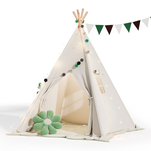 Tipi Zelt für Kinder, Spielzelt mit Gepolsterter Decke, Lichterkette, Tragetasche, Segeltuch Kinderzelt Tipi Zelt für Kinder, Spielzelt mit Gepolsterter Decke, Lichterkette, Tragetasche, Segeltuch Kinderzelt von Generisch