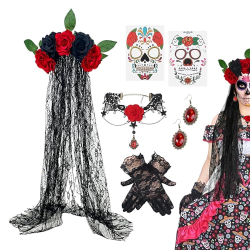 Totenkostüm für Erwachsene - Totenkostüm Halskette Kopfschmuck Set,Spitzenhandschuhe Schleier Ohrringe Halskette Kostümzubehör Für Damen Erwachsene Cosplay Party Halloween von Generisch