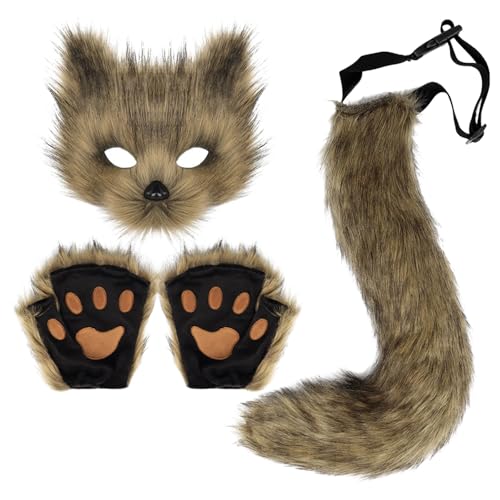 Uchsschwanz Halloween Katze Maske Set, Furry Kostüm, Fuchs Kostüm Cosplay Kostüm Halloween, Fox Tail Cosplay, Halloween Fuchs Maske, Karneval Halloween Party Cosplay Kostüm Set für Kinder Erwachsene von Generisch