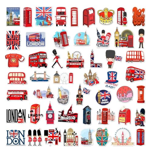 Union Jack Sticker - London Red Bus British Flag -Aufkleber, 50pcs PVC Selbstkleber wasserdicht | Notebook -Gepäck Gitarrenkühlschrank Skateboard Telefondekoration Langable Reisezubehör von Generisch
