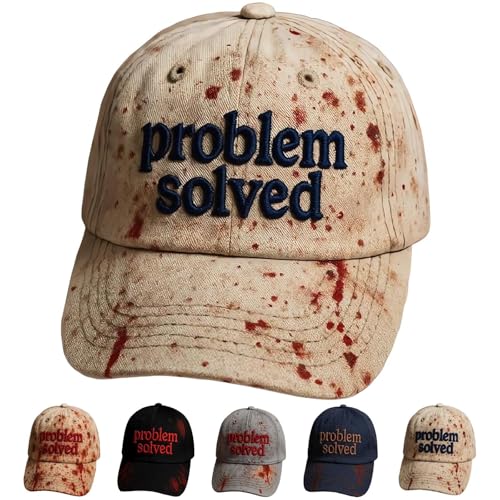 Unisex Casual Dark Blood Stain Hat Problem Solved Hat Embroidered Baseball Men Ball Cap Halloween Horror Costume Prop for Men Women Halloween Use (Beige-B) von Generisch