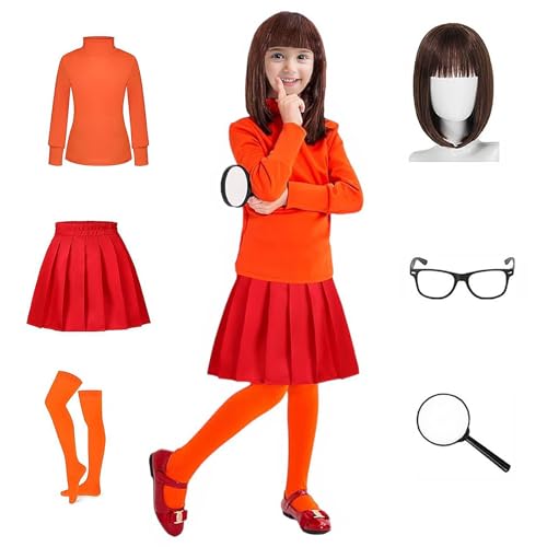 Velma Kostüm für Kinder Halloween Deluxe Roter Rock Orange Farbener Pullover Hohe Socken Perücke Lupenbrille Halloween Outfits für Mädchen (L) von Generisch