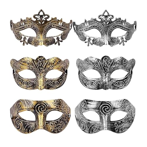 Venezianische Herren-Maske, Ballmaske, Gesichtsmaske für Party, Kostümball, Maskenball, Halloween, 6 Stück (Silber, Gold), goldfarbene Maskenmaske von Generisch