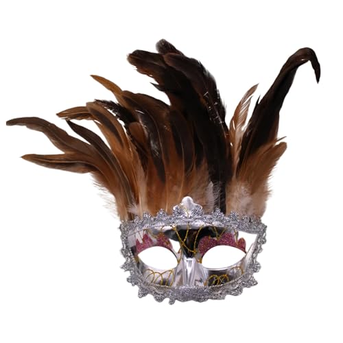 Venezianische Maske mit seitlicher Feder für Damen, Augenmaske mit Stoffmuster, Zierborte und Strass für Ball Fasching Karneval Halloween - Diverse Farben von Generisch
