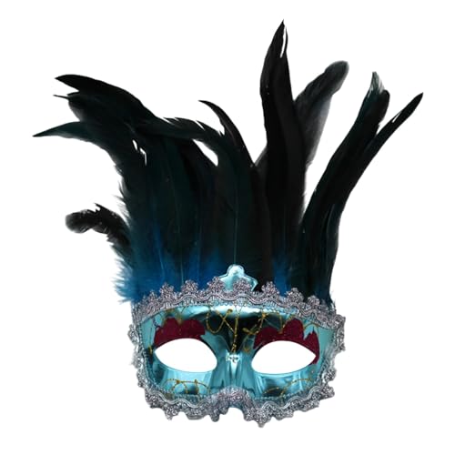 Venezianische Maske mit seitlicher Feder für Damen, Augenmaske mit Stoffmuster, Zierborte und Strass für Ball Fasching Karneval Halloween - Diverse Farben von Generisch