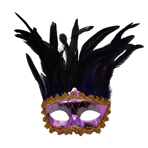 Venezianische Maske mit seitlicher Feder für Damen, Augenmaske mit Stoffmuster, Zierborte und Strass für Ball Fasching Karneval Halloween - Diverse Farben von Generisch