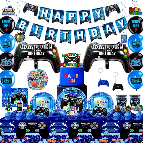 Videospiel Party Zubehör, 151pcs Gamer Deko Geburtstag Set, Gamecontroller Luftballon, Videospiel Party Teller Tassen Tischdecke Banner etc Kinder-Video Spiel Thema Zubehör von Generisch