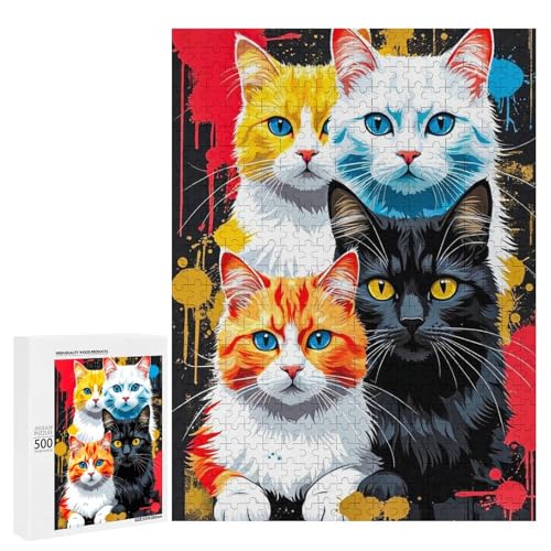 Vier bunte Katzen mit lebendigen Farbspritzern im Hintergrund, 500 Teile Tier, klassisches Holzpuzzle für Erwachsene von Generisch