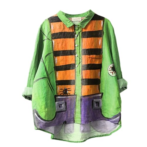 Vintage Halloween Kunstdruck Casual Baumwolle und Leinen Hemd Sommer Shirts, grün, XXL Vintage Halloween Kunstdruck Casual Baumwolle und Leinen Hemd Sommer Shirts, grün, XXL von Generisch