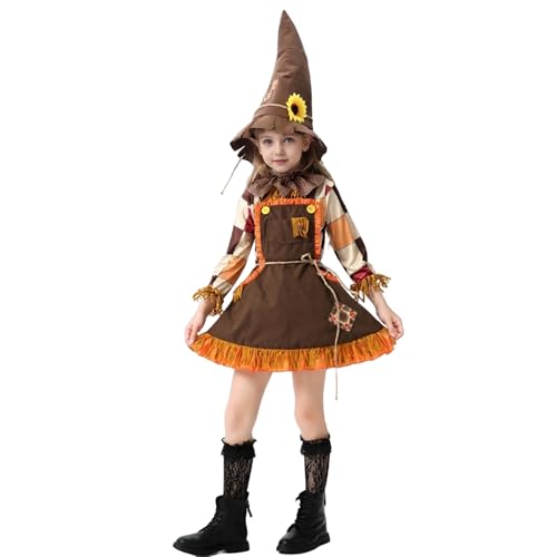 Vogelscheuchen-Kostüm für Mädchen, Halloween-Aufnäher, Vogelscheuche, Patchwork-Rock, Outfit mit Hut und Kragen, für Karnevalsparty (Braun, 8T-9T) von Generisch