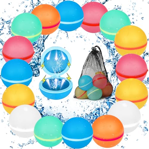 Wiederverwendbare Wasserbomben 16 Stück & 1 Mesh Bag, Magnet Selbstschließend Wiederverwendbar Schnell Wiederbefüllbare Silikon Wasserbombe für Wasserspielzeug Strandspielzeug Pool Spielzeug von Generisch