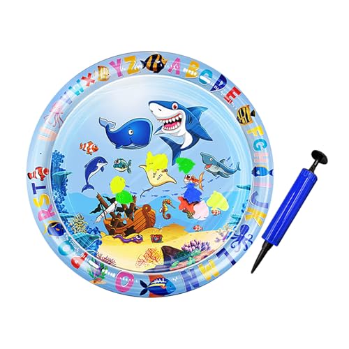 Wasserspielmatte für Katzen – Aufblasbare Kühlmatte mit Schwimmfischen & Kugeln, Kratzfeste PVC-Sensorikmatte für Sommer & Interaktives Spiel (100x100cm, Inkl. Fahrradpumpe) (blau, 100 * 100) von Generisch