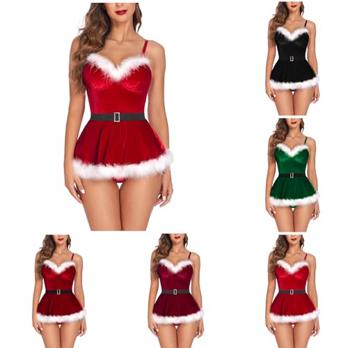 Weihnachten Kostüm Damen Sexy Unterwäsche - Santa Cosplay Frauen Dessous Weihnachten Damen Bodysuit Dessous Nachtwäsche V-Ausschnitt Plüsch Weihnachts Dessous Sexy Bodysuit Negligee von Generisch
