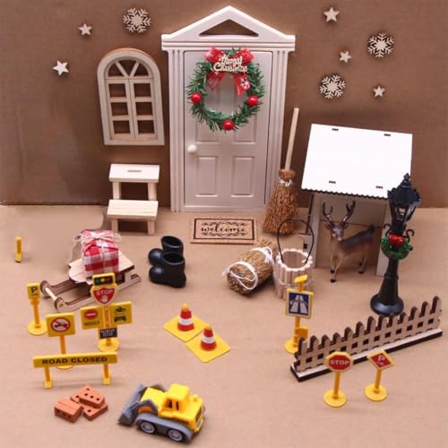 Weihnachts-Feentür-Set, Outdoor-Weihnachtsdekoration aus Holz, winzige Miniatur für Weihnachtszubehör, Weihnachts-Desktop-Szene, Neujahrsdekoration mit Tür, Stiefeln, Briefkasten, Besen, Kranz von Generisch