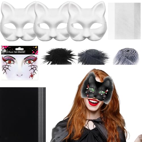 Weiße Katzenmaske, Blanko-Katzenmasken-Set, Kostüm-Requisite mit Netz- und Filzbogen, Kunsthandwerk für Männer, Frauen, Cosplay, Maskerade, Party von Generisch