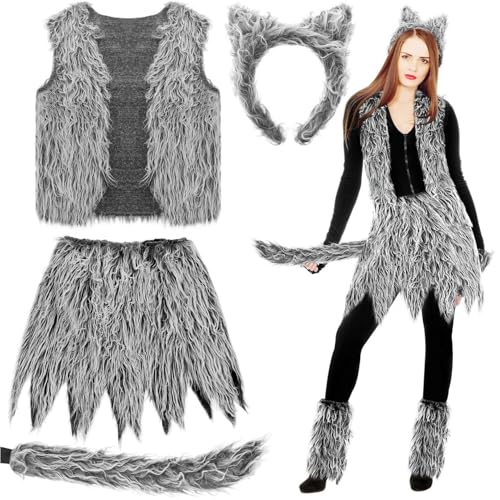 Wolf Kostüm Damen, Karneval Kostüm Damen, Furry Kostüm Set mit Weste, Halbrock, Leggings, Handschuhe, Stirnband, Schwanz, Faschingskostüme Erwachsene Mädchen für Halloween Cosplay Geburtstag Party Wolf Kostüm Damen, Karneval Kostüm Damen, Furry Kostüm Set mit Weste, Halbrock, Leggings, Handschuhe, Stirnband, Schwanz, Faschingskostüme Erwachsene Mädchen für Halloween Cosplay Geburtstag Party von Generisch