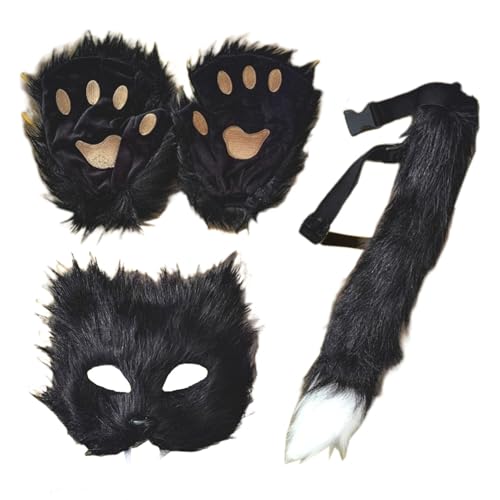 Wolfsmaske, Halbgesichts-Therrian- , Katzengesichtsbedeckung, Stofftiere, realistische Katzenmassken mit Gesichtsbedeckung, Schwanz-Set, Faux Wolf Pelz-Kostüm, Masken-Kit, weiches glattes von Generisch