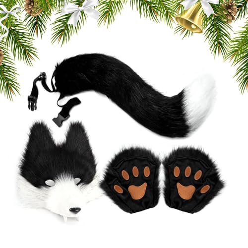 Wolfsschwanz und Ohren, Halloween-Wolf-Verkleidungs-Set – Frauen-Cosplay-Tier-Outfit für Party, Karneval, Weihnachten, Rollenspiel, Bühnenaufführung, Modenschau, Maskerade von Generisch