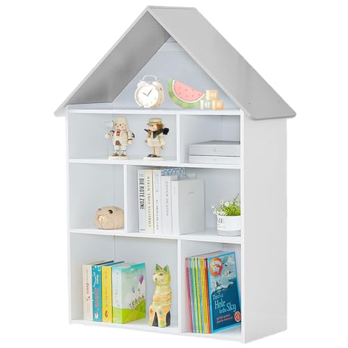 Wooden Dollhouse Bookshelf 4-Tier Children's Bookcase Display Storage Doll House Organizer Furniture for Kids Bedroom Playroom Nursery Kindergarten Gift for Girls Boys Ages 3-8 Years Old (Grey,White) von Generisch
