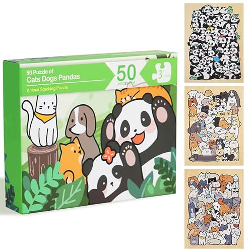 Wooden Durable Children's Puzzle Animals Puzzle with 50 Cats/Dogs/Pandas, Cute Animals Children Wooden Puzzles, Dogs and a Cat Puzzlee Picture Frame for Puzzlee for Gallery Wall & Home Decor (3 in 1) von Generisch