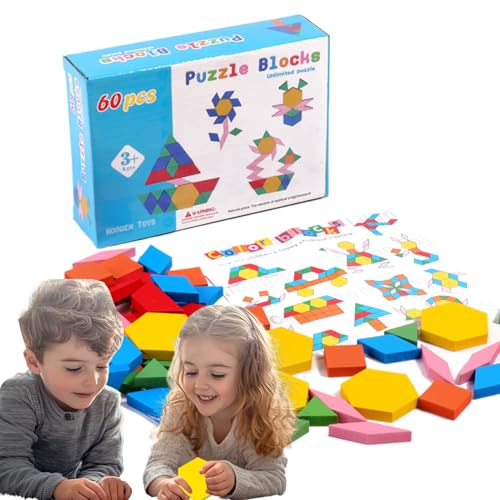 Wooden Pattern Blocks, Geometric Puzzle Tangram Toy, 19x13.5x5 inches Early Learning Toys for Kids, Educational Classroom Homeschool Activity to Develop Fine Motor Skills von Generisch