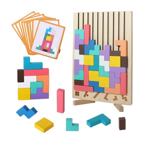 Wooden Stacking Puzzle Toy, Colorful Geometric Blocks, 3D Brain Toy with 10 Cards, Wooden Puzzles Game Puzzle Set, Montessori Intelligence Russian Blocks Game Gift for Boys and Girls von Generisch