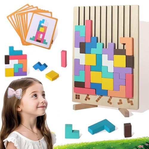 Wooden Stacking Puzzle Toy, Holz Stapelpuzzle Spielzeug, 3D Gehirn Spielzeug mit 10 Karten, Spiel Puzzle Set, Intelligenz Russische Blöcke Spiel Geschenk für Kinder (1Set) von Generisch