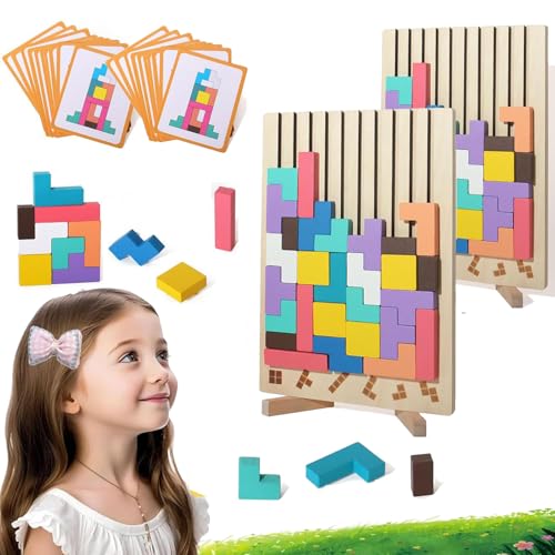 Wooden Stacking Puzzle Toy, Holz Stapelpuzzle Spielzeug, 3D Gehirn Spielzeug mit 10 Karten, Spiel Puzzle Set, Intelligenz Russische Blöcke Spiel Geschenk für Kinder (2Set) von Generisch