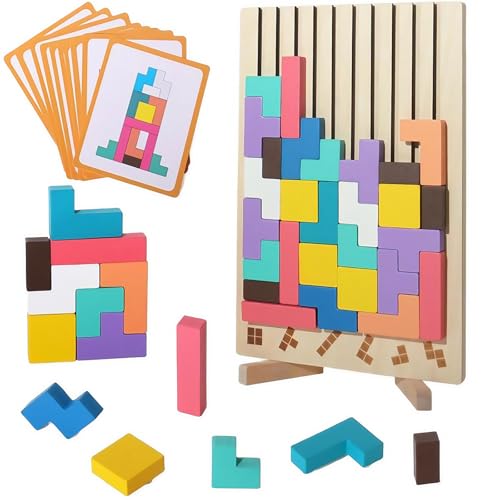 Wooden Stacking Puzzle Toy, Holzpuzzle, 3D Puzzle Spiel, Jigsaw Geometrische Blöcke, 3D Gehirn Spielzeug mit 10 Karten, Kinder pädagogische Spiele Früherziehung (Colorful) von Generisch