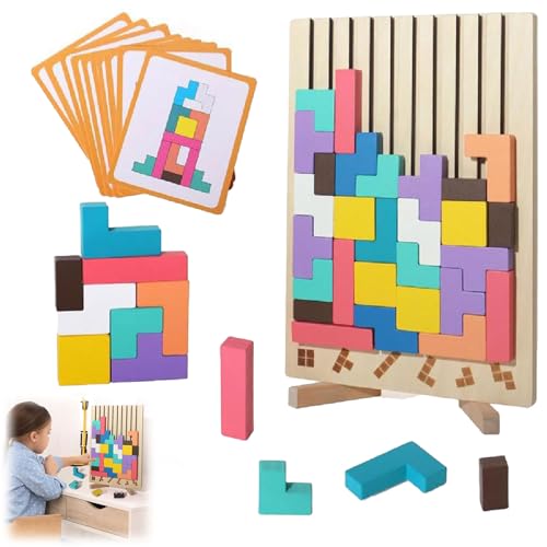 Wooden Stacking Puzzle Toy, Wooden Puzzle Board Geometric Builiding Toys, 3D Russian Building Toy with 10 Cards, Stress Relief Toys for Adults, Family Activity, Idea for Gift (1pc) von Generisch