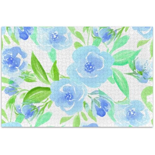 Zartes Aquarell-Puzzle, blaue Blumen, 500 Teile, für Erwachsene, weißer Elefant, Puzzle, Herbstszene, Kunst, Dekoration, Malerei, 50 x 37 cm von Generisch