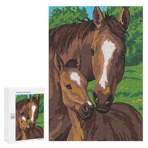 Zwei Pferde stehen auf einem Grasfeld. 300 Teile Tierpuzzle aus Holz, klassisches Holzpuzzle für Erwachsene von Generisch