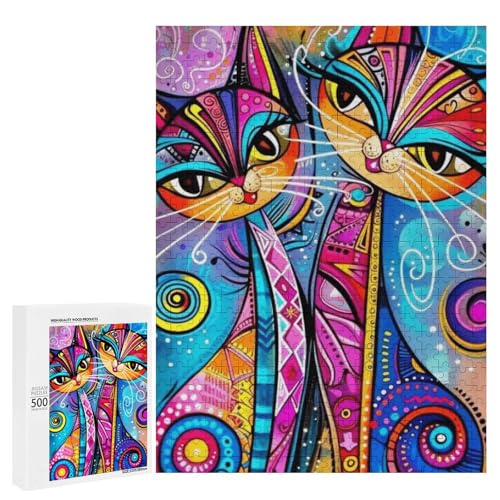 Zwei bunte Katzen mit aufwendigen Mustern, 500 Teile Tier, klassisches Holzpuzzle für Erwachsene von Generisch