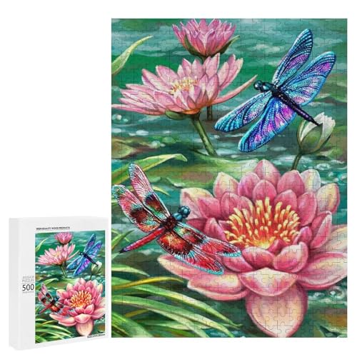 Zwei bunte Libellen ruhen auf leuchtend rosa Seerosen in einem ruhigen Teich, 500 Teile Tier, klassisches Holzpuzzle für Erwachsene von Generisch