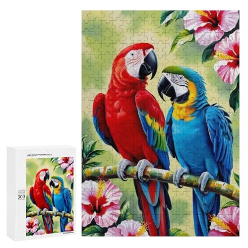 Zwei bunte Papageien, die auf einem Bambuszweig sitzen, umgeben von lebendigen Blumen, 300 Teile, klassisches Holzpuzzle für Erwachsene Zwei bunte Papageien, die auf einem Bambuszweig sitzen, umgeben von lebendigen Blumen, 300 Teile, klassisches Holzpuzzle für Erwachsene von Generisch