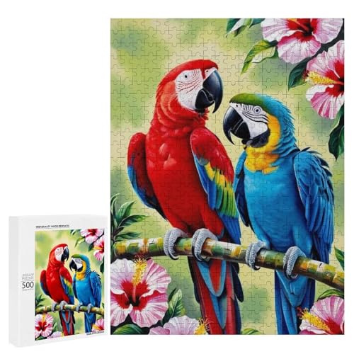 Zwei bunte Papageien, die auf einem Bambuszweig sitzen, umgeben von lebendigen Blumen, 500 Teile Tier, klassisches Holzpuzzle für Erwachsene Zwei bunte Papageien, die auf einem Bambuszweig sitzen, umgeben von lebendigen Blumen, 500 Teile Tier, klassisches Holzpuzzle für Erwachsene von Generisch