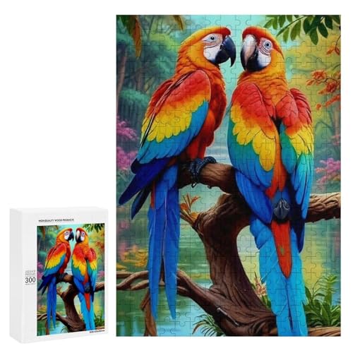Zwei bunte Papageien sitzen auf einem Baumzweig in einer lebendigen Dschungelfassung. Klassisches Holzpuzzle für Erwachsene mit 300 Teilen Zwei bunte Papageien sitzen auf einem Baumzweig in einer lebendigen Dschungelfassung. Klassisches Holzpuzzle für Erwachsene mit 300 Teilen von Generisch